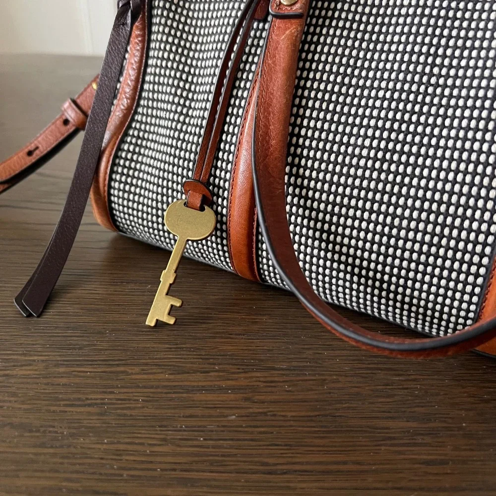 Fossil Rachel Satchel Black White Woven Dotted Leather Trim Crossbody Bag